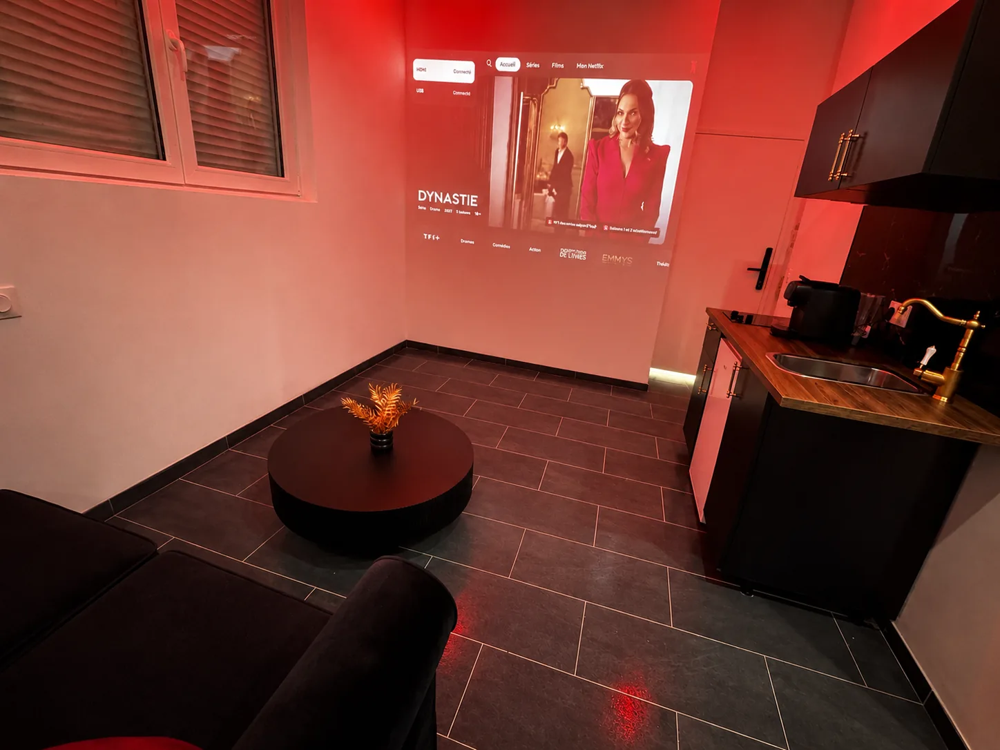 Suite 50 Nuances — Rive Droite, coin salon avec projection cinéma