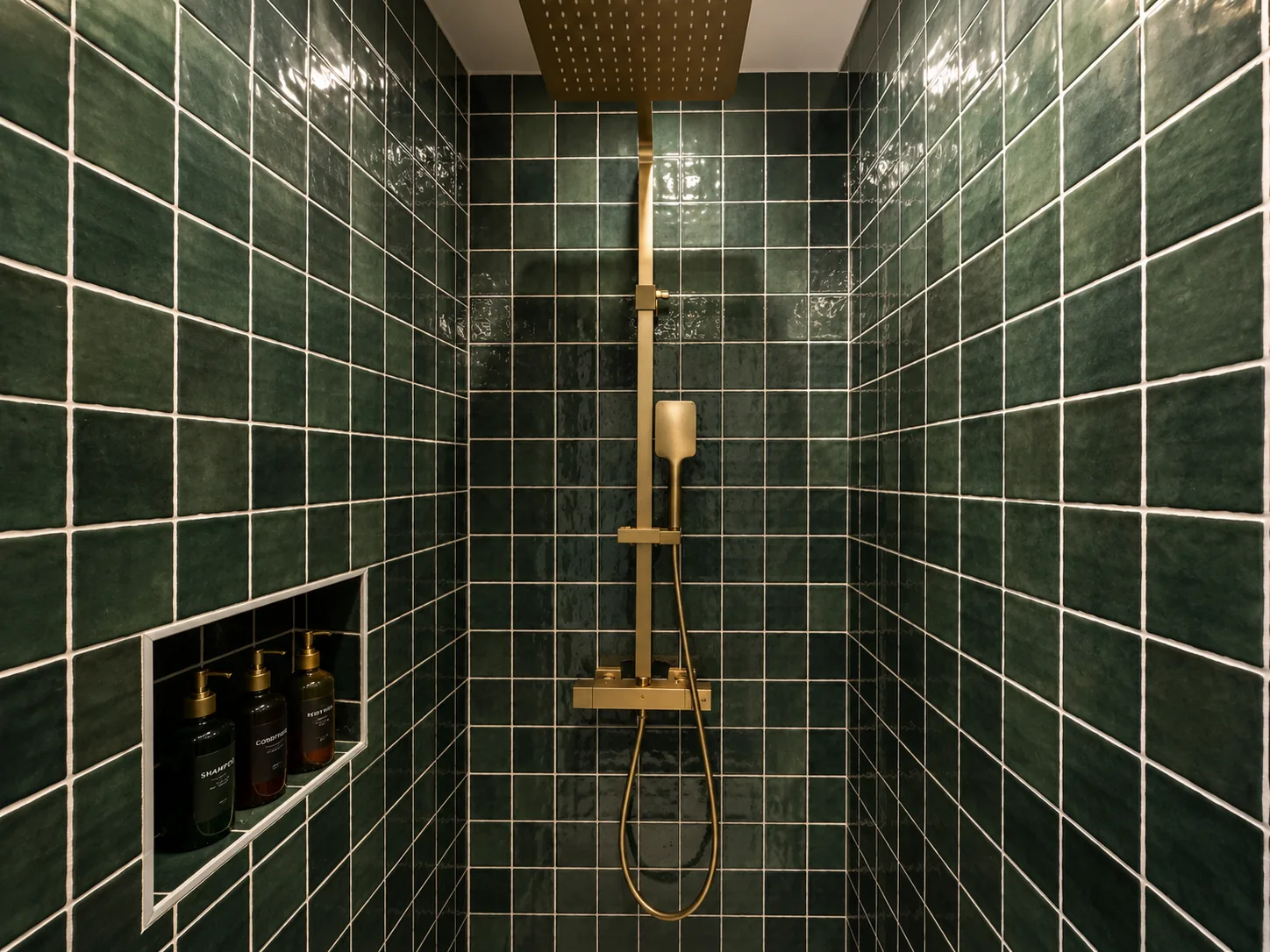 Suite Bali — Rive Droite, douche avec carrelage vert et robinetterie dorée